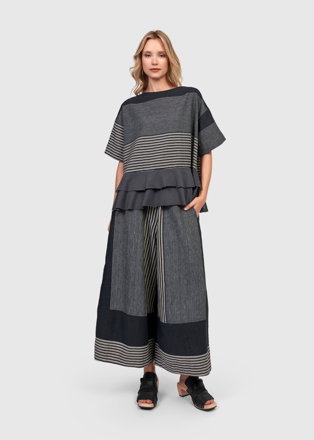 front view of plus size Alembika Mix Stripe Wide Leg Pant 