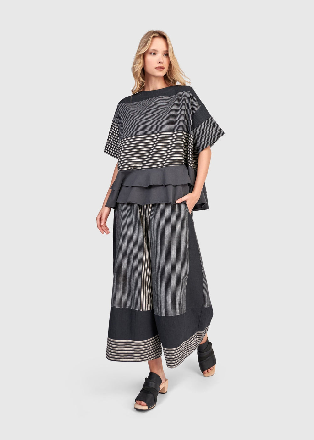 front view of plus size Alembika Mix Stripe Wide Leg Pant 