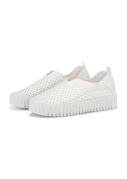 view of side front Ilse Jacobsen Platform Pearl Microfiber Laser Cut Slip on in White/White