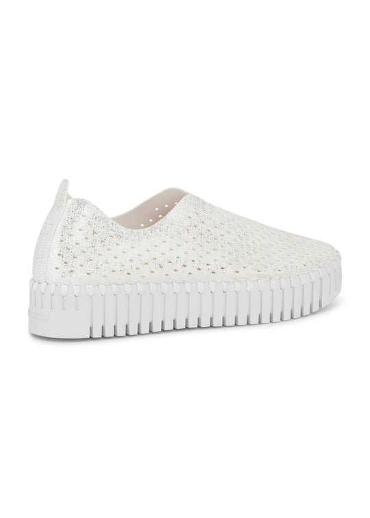 view of side back Ilse Jacobsen Platform Pearl Microfiber Laser Cut Slip on in White/White