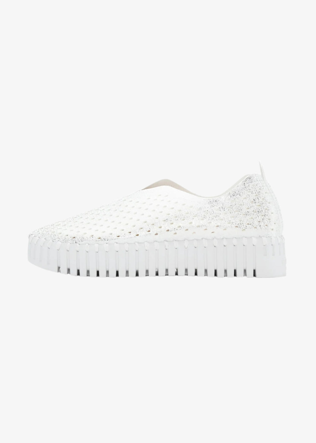side view of Ilse Jacobsen Platform Pearl Microfiber Laser Cut Slip on in White/White