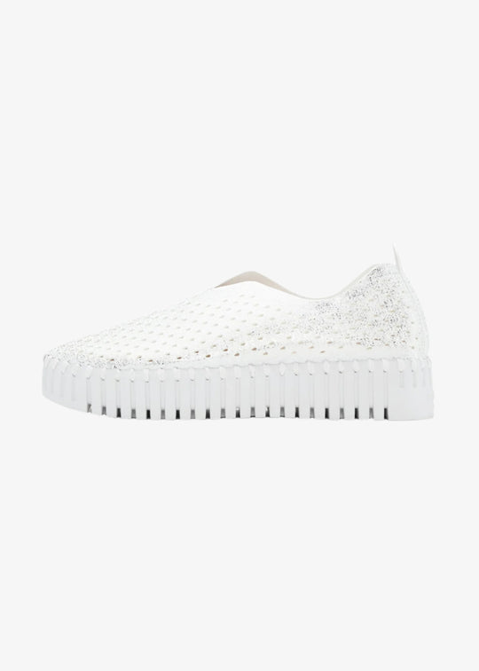 side view of Ilse Jacobsen Platform Pearl Microfiber Laser Cut Slip on in White/White