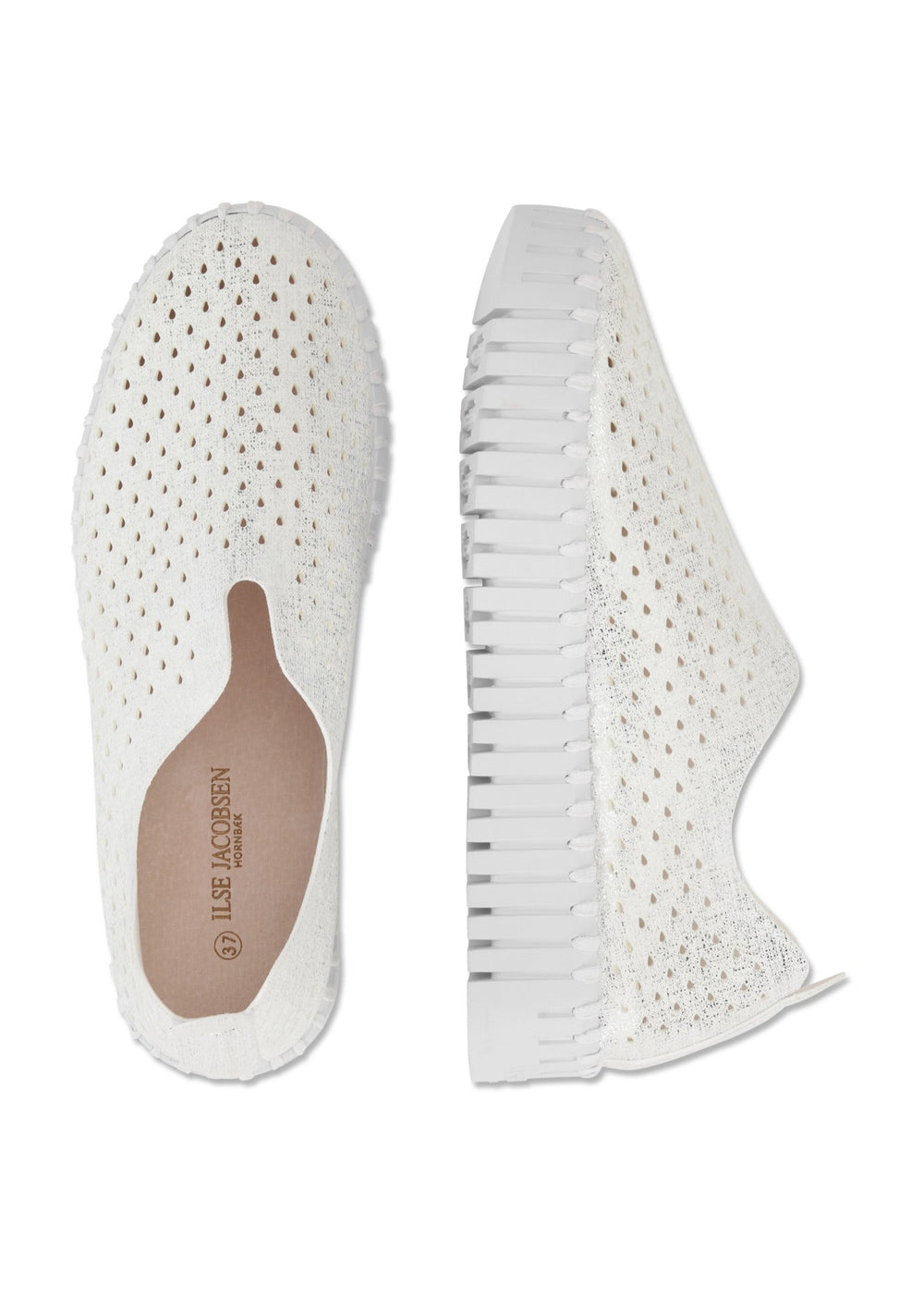 view of front and side Ilse Jacobsen Platform Pearl Microfiber Laser Cut Slip on in White/White