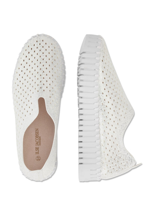 view of front and side Ilse Jacobsen Platform Pearl Microfiber Laser Cut Slip on in White/White