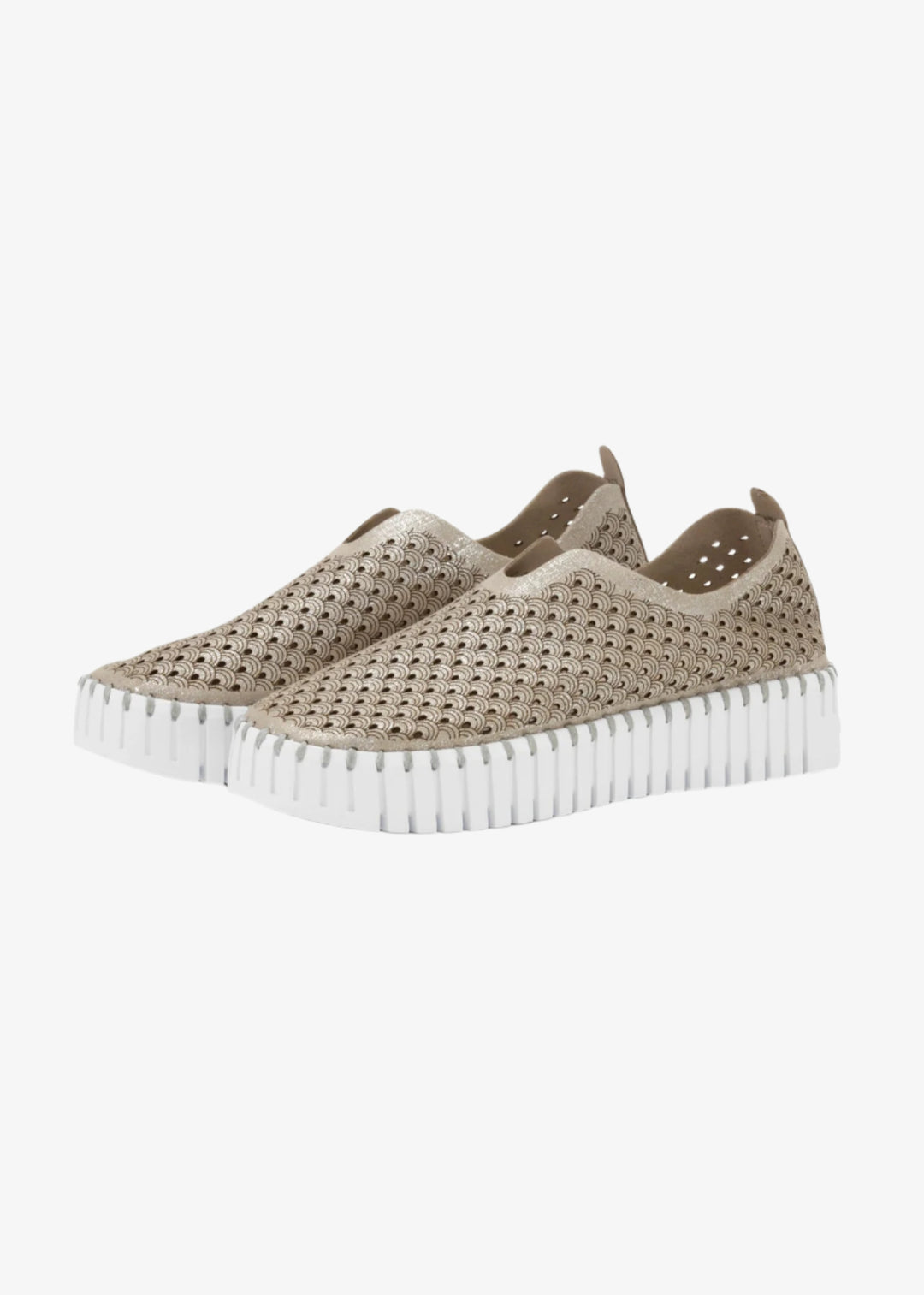 front side view of Ilse Jacobsen Platform Pearl Microfiber Laser Cut Slip on in Silver/White