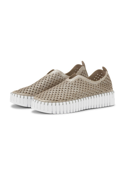 front side view of Ilse Jacobsen Platform Pearl Microfiber Laser Cut Slip on in Silver/White