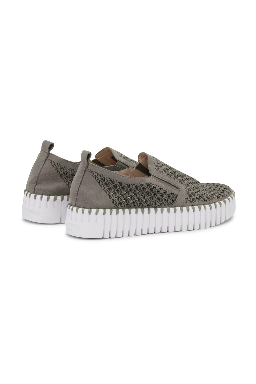 back side view of Ilse Jacobsen microfiber upper Slip on Platform in Smoked Pearl