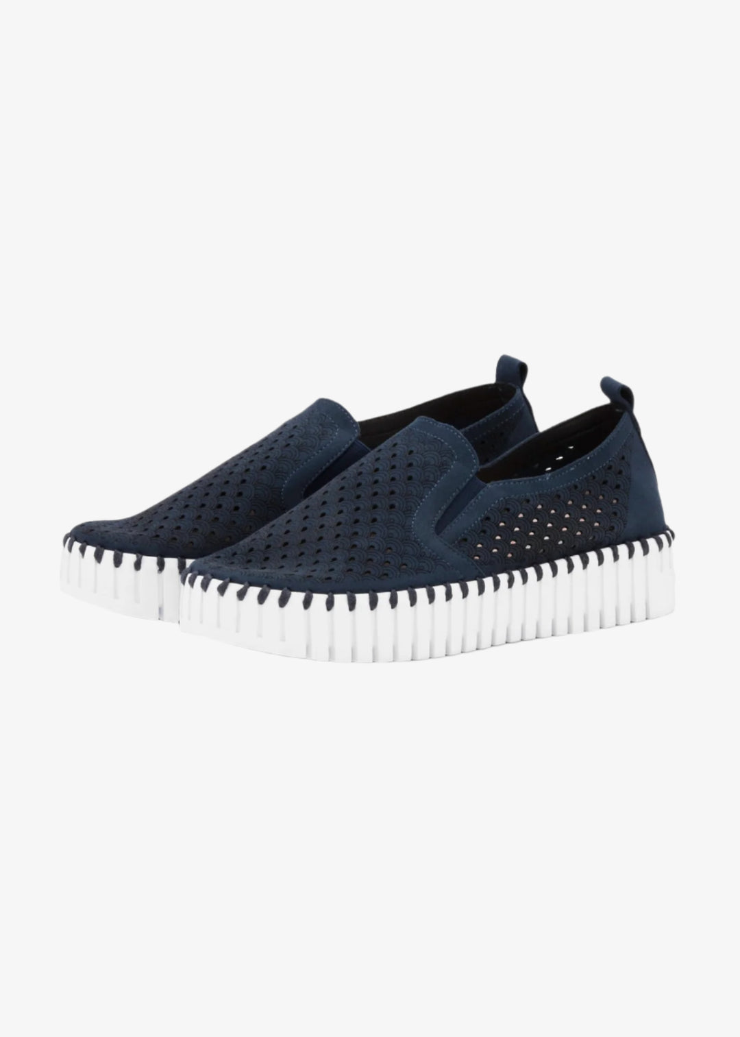 side view of Ilse Jacobsen microfiber upper Slip on Platform shoes in Dark Indigo