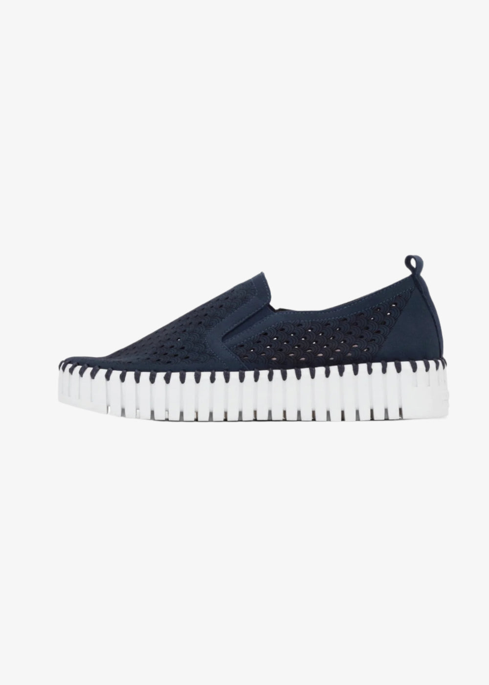 side view of Ilse Jacobsen microfiber upper Slip on Platform shoes in Dark Indigo
