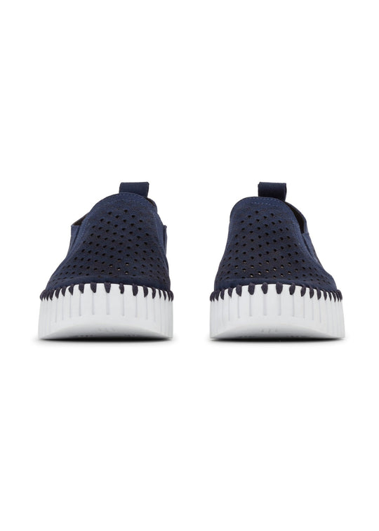 back view of Ilse Jacobsen microfiber upper Slip on Platform shoes in Dark Indigo