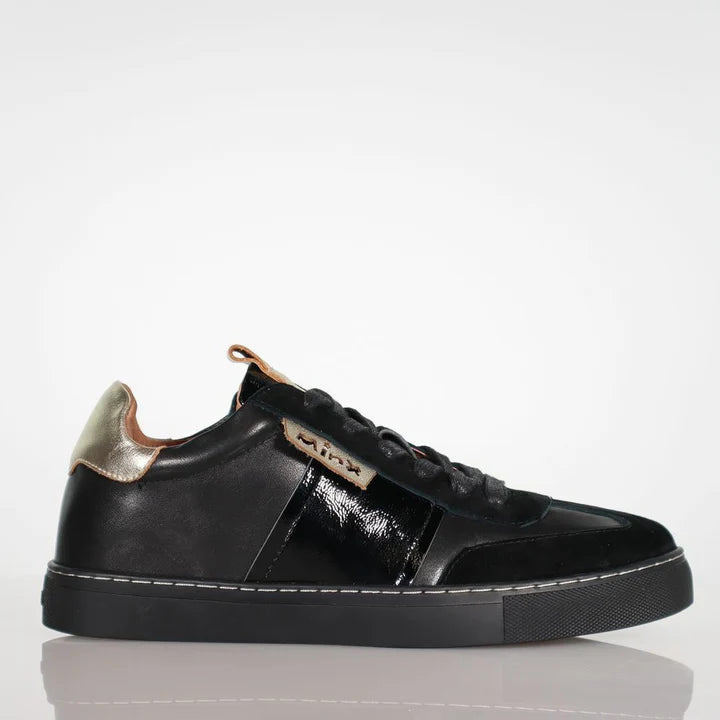 side view of Minx Toni Black Gold Combo Runner in Black Gold