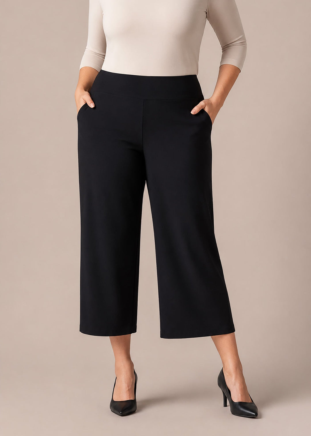 Black wide-leg cropped pants with wide leg opening and side pockets