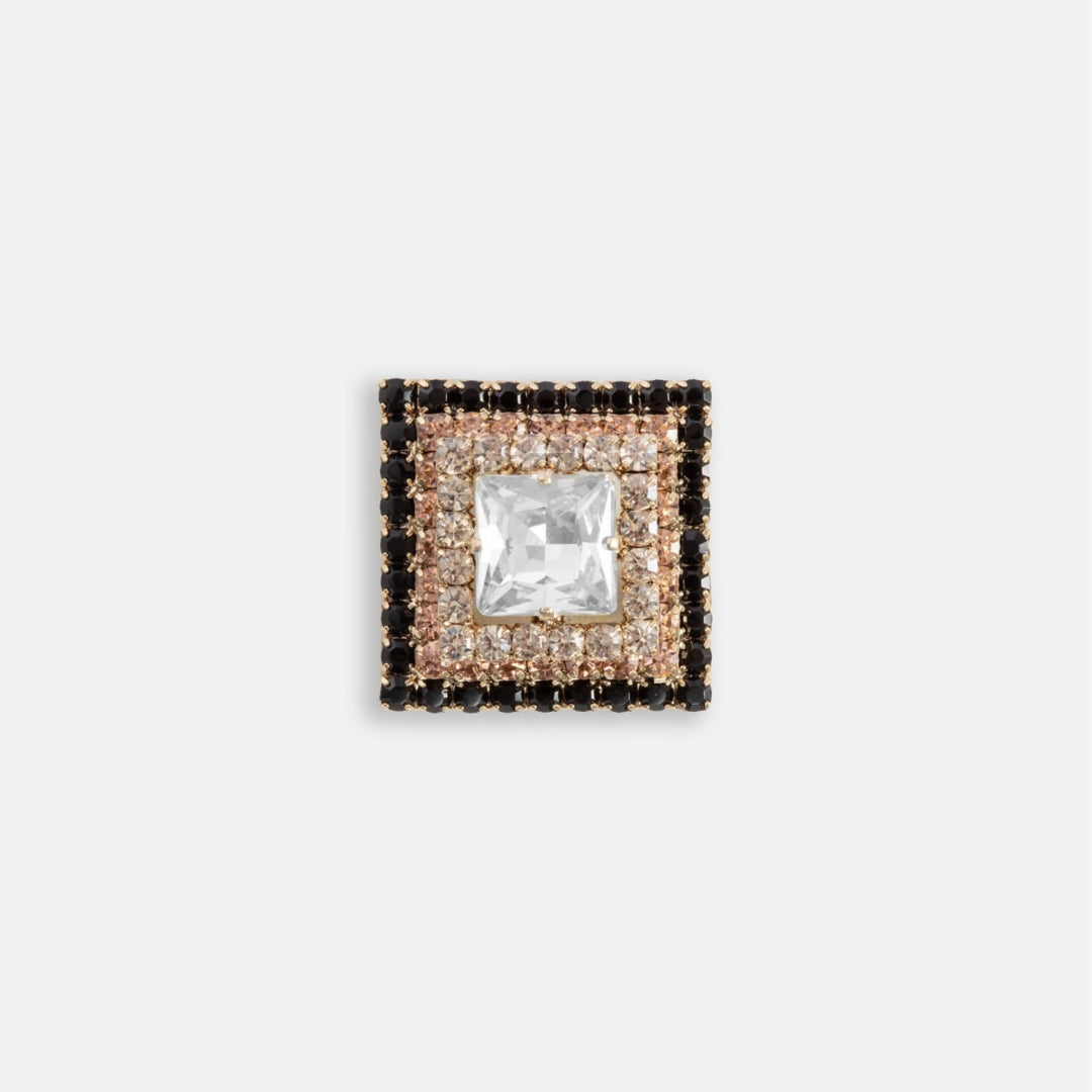 Ava square rhinestone brooch, black and gold with clear center stone