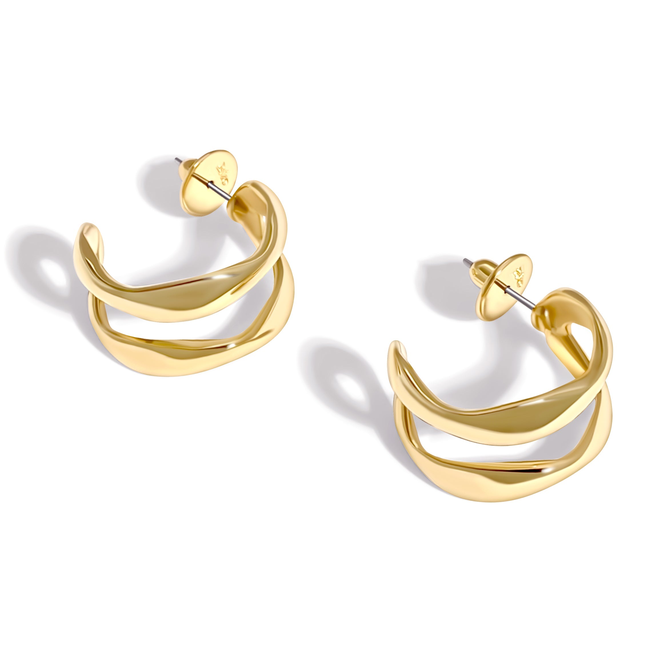 Gold-tone hoop earrings with stacked wave segments and post-back closures