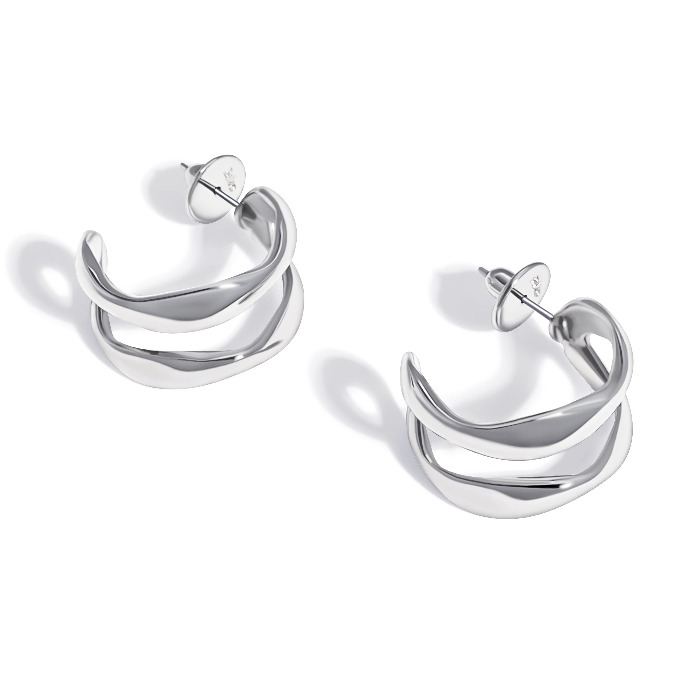 Silver hoop earrings with double curved bands and stud backs, oval hinge style