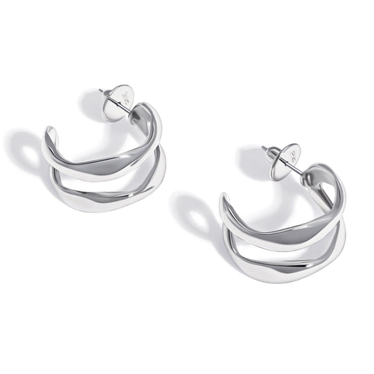Pair of silver twisted multi-band hoop earrings with post backs on white background