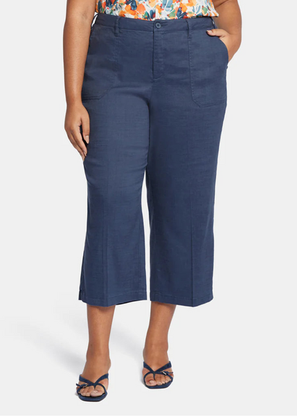 NYDJ Stretch Linen Blend Wide Leg Cargo Capri Pant in Oxford Navy