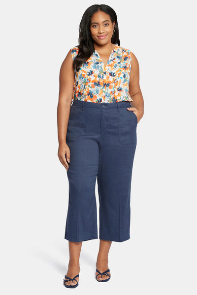 NYDJ Wide Leg Cropped Cargo Stretch Linen Pant in Oxford Navy