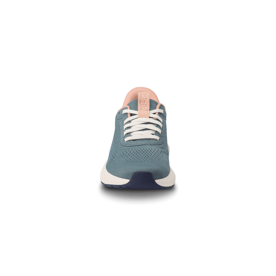 Kizik Athens 2 sneakers, rear view in stormy teal with white laces and rose heel tab
