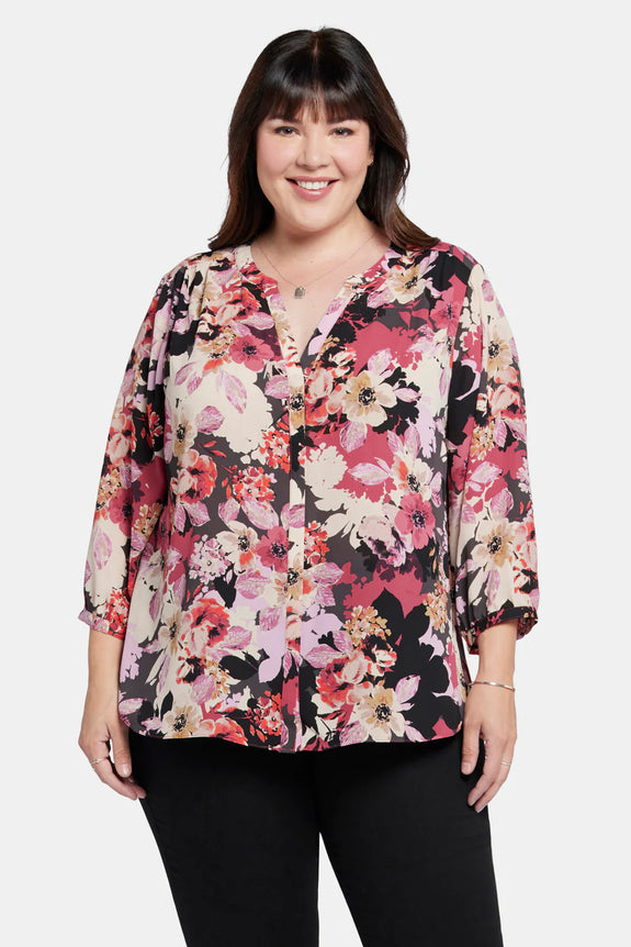 NYDJ 3/4 Sleeve Pintuck Print Blouse in Pink Helena Floral