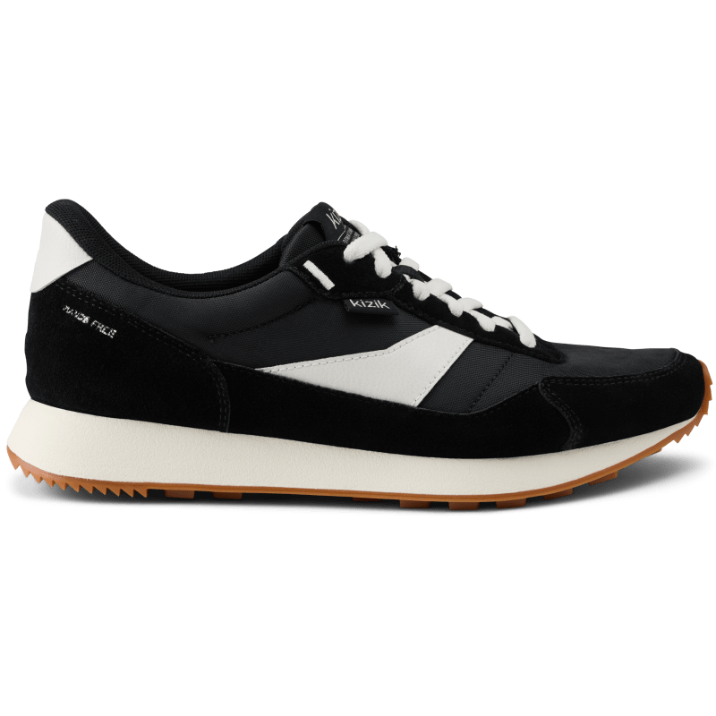 Kizik Siena lace-up sneakers side view, black upper with white panels and gum outsole