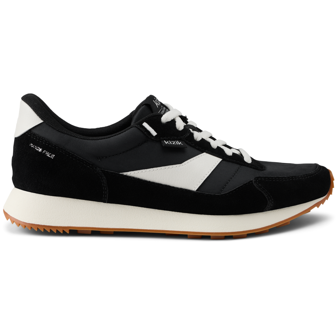 Kizik Siena lace-up sneakers in black and white with white side stripe, gum sole