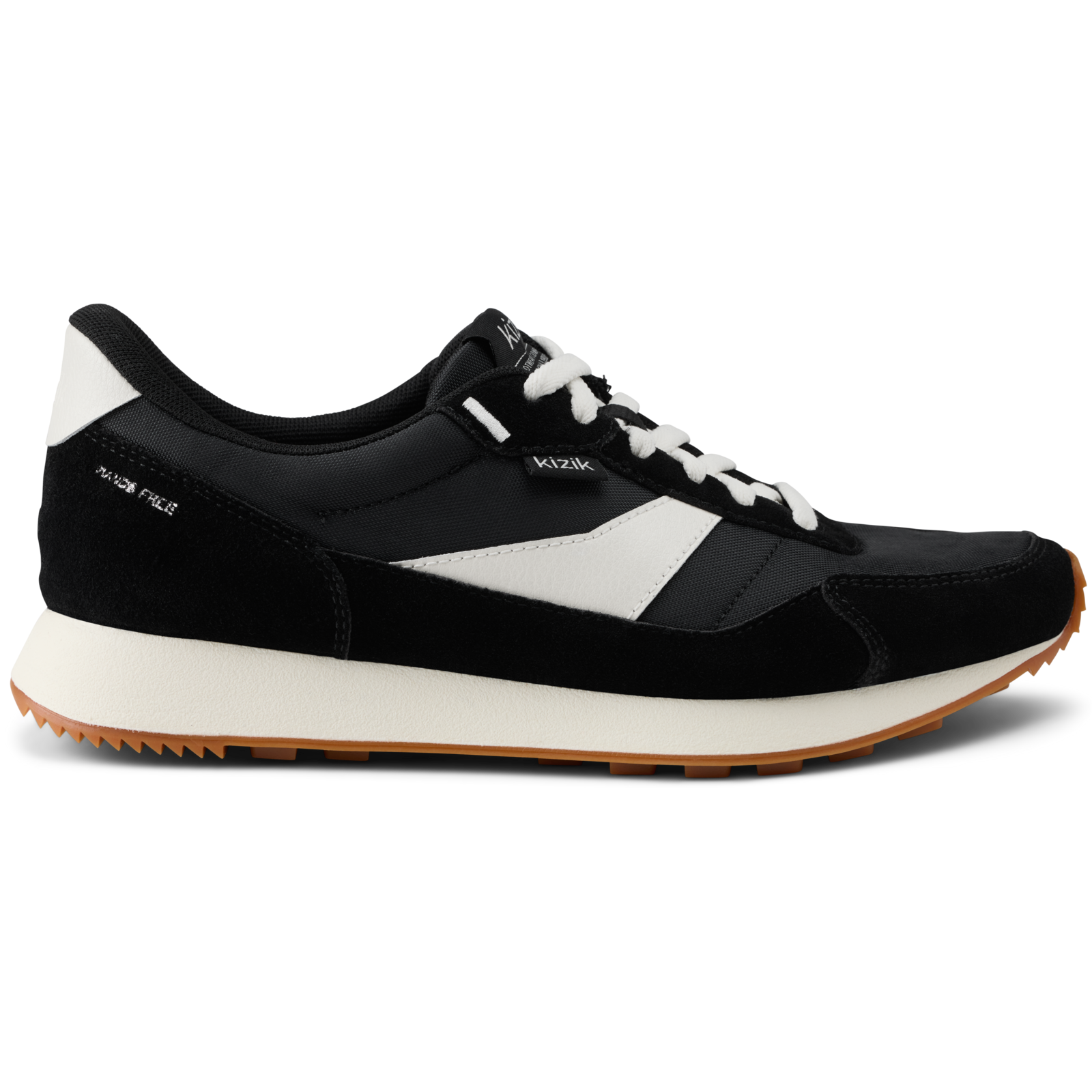 Kizik Siena lace-up sneakers in black and white with white side stripe, gum sole