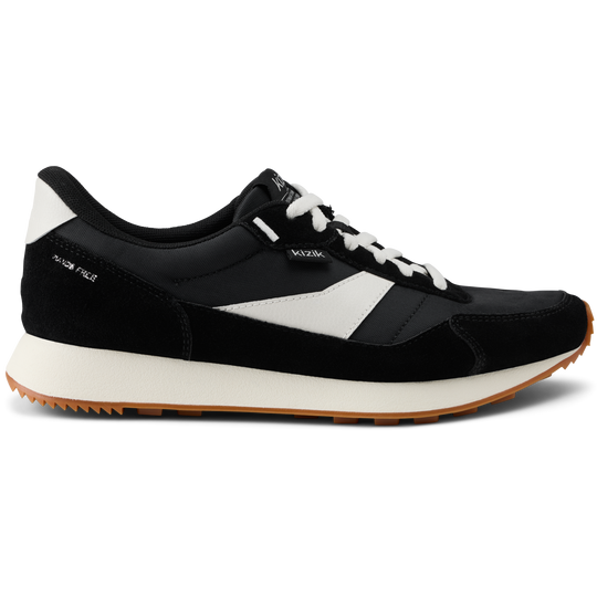 Kizik Siena lace-up sneakers in black and white with white side stripe, gum sole