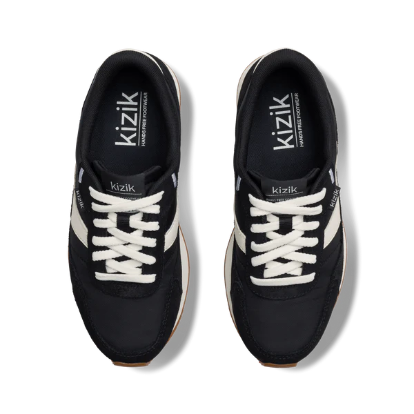 Kizik Siena sneakers, front view, black upper with white laces and logo heel tab