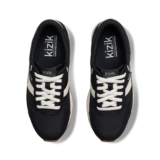 Kizik Siena sneakers, front view, black upper with white laces and logo heel tab