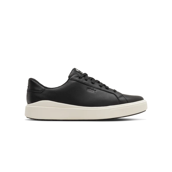 Black low-top lace-up sneaker with white midsole and Kizik logo on tongue