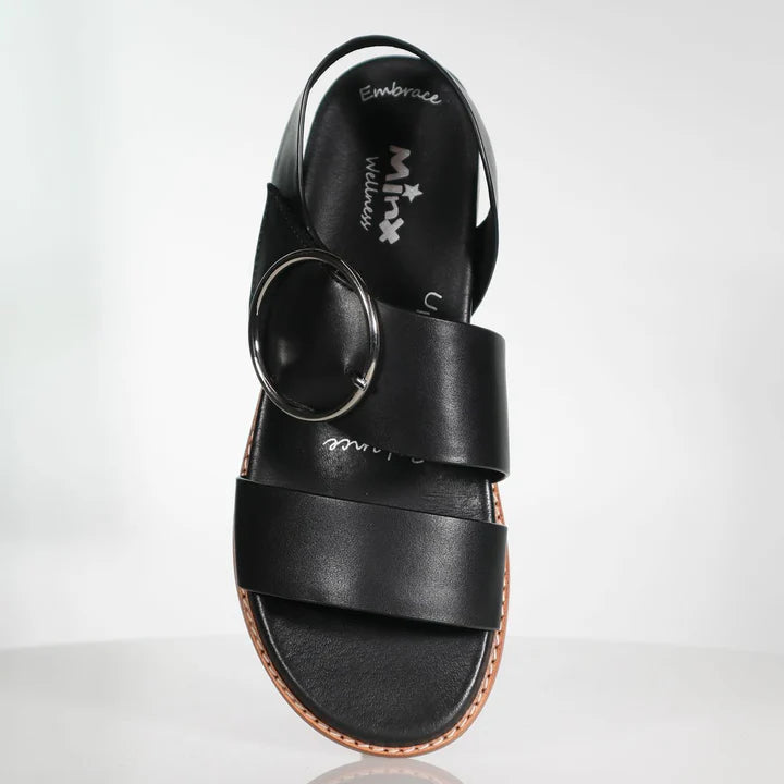 top view of Minx Willa Wellness Leather Sandal with round Buckle in Black