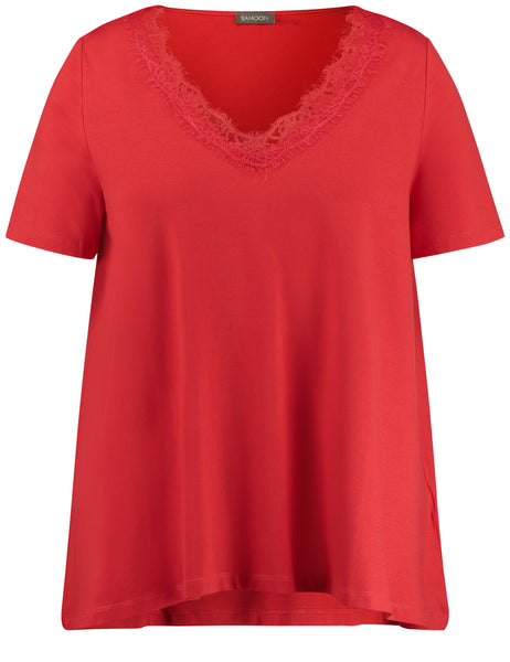 Samoon Short Sleeve Jersey V-Neck A-Line Tee with Lace Trim in Red