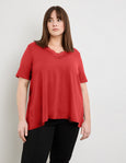 Samoon Short Sleeve Jersey V-Neck A-Line Tee with Lace Trim in Red