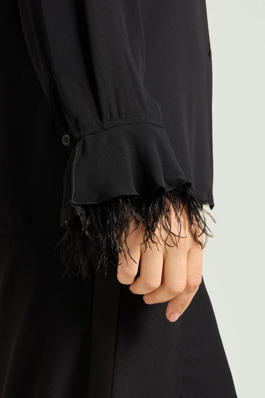 Luisa Viola Long Sleeve Blouse with Detachable Feather Trim in Black