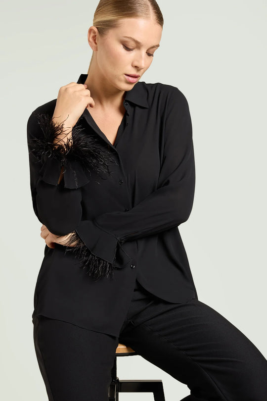Luisa Viola Long Sleeve Blouse with Detachable Feather Trim in Black