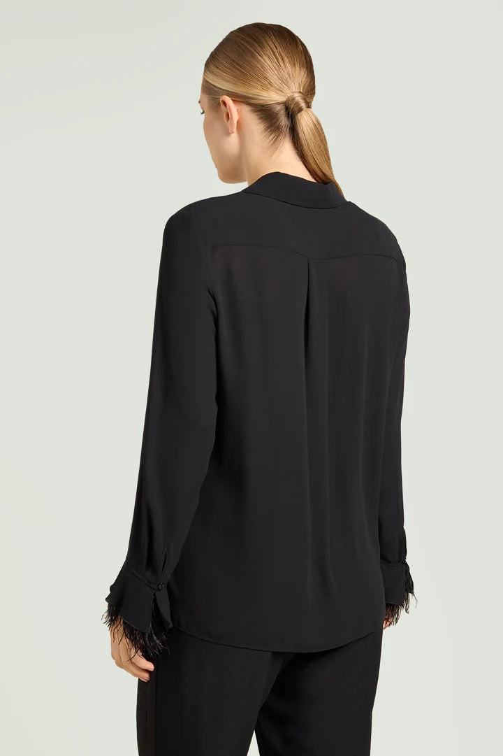 Luisa Viola Long Sleeve Blouse with Detachable Feather Trim in Black