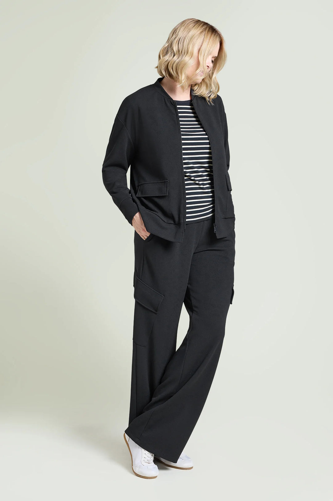 Black scuba twill athleisure zip jacket with front flap pockets