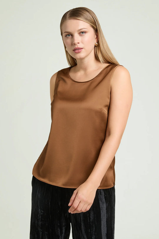 Satin sleeveless top with scoop neckline, brown-taupe satin