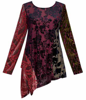 Alembika Burnout Velvet Floral Asymmetrical Hem Tunic in Regal