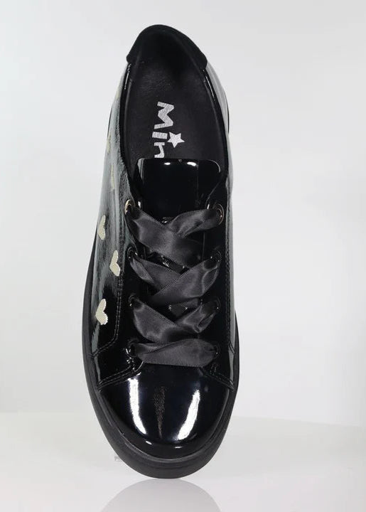 top view of Minx Ace of Hearts Black Patent runner with Ivory Hearts and Ribbon Laces in Black White