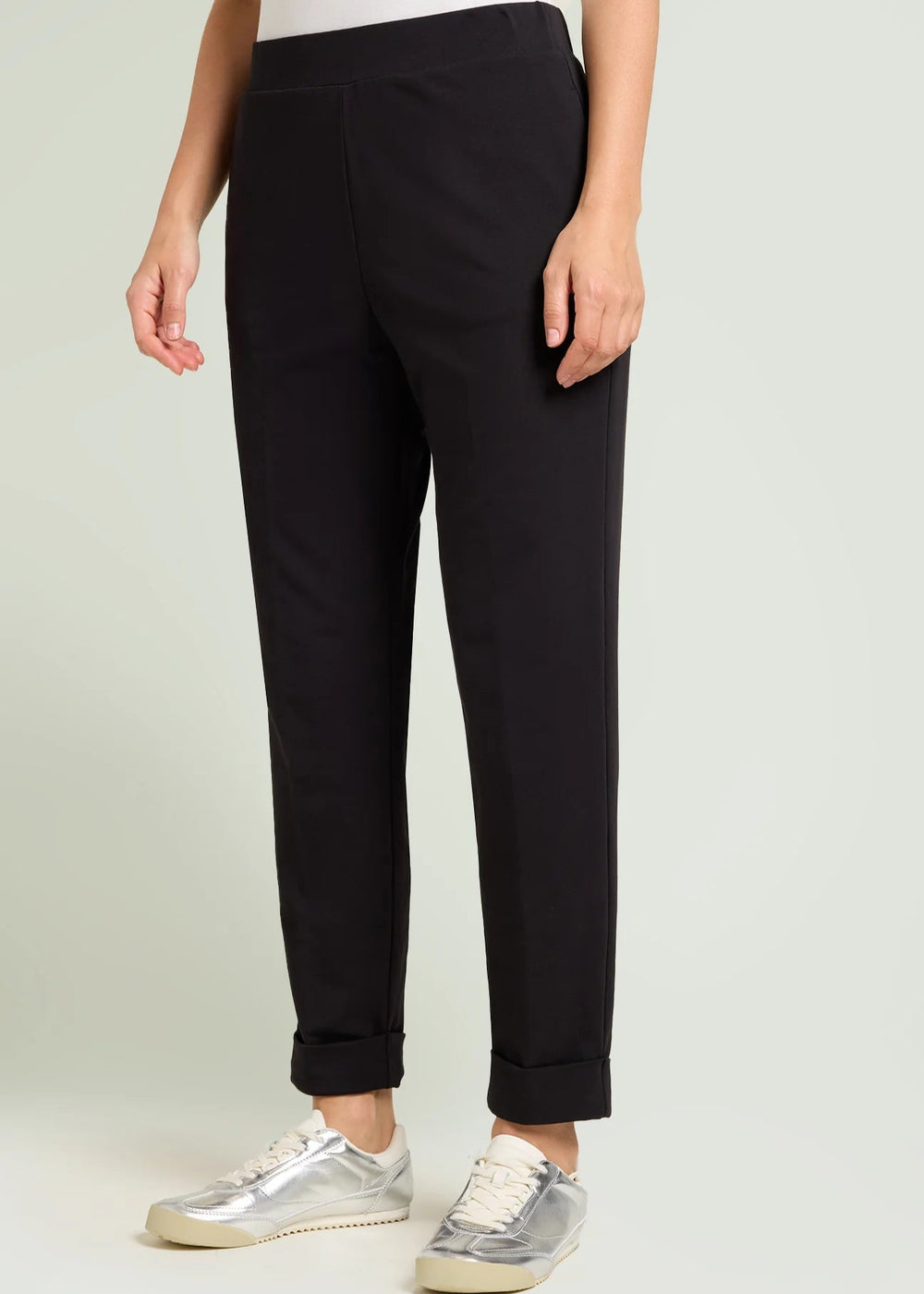 front view of plus size Luisa Viola Slim leg Sweat pant with cuff in Black