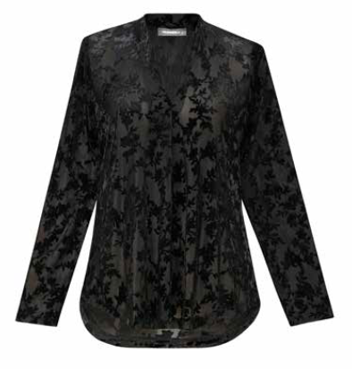 Alembika V-neck velvet burnout top with dark floral pattern, long sleeves
