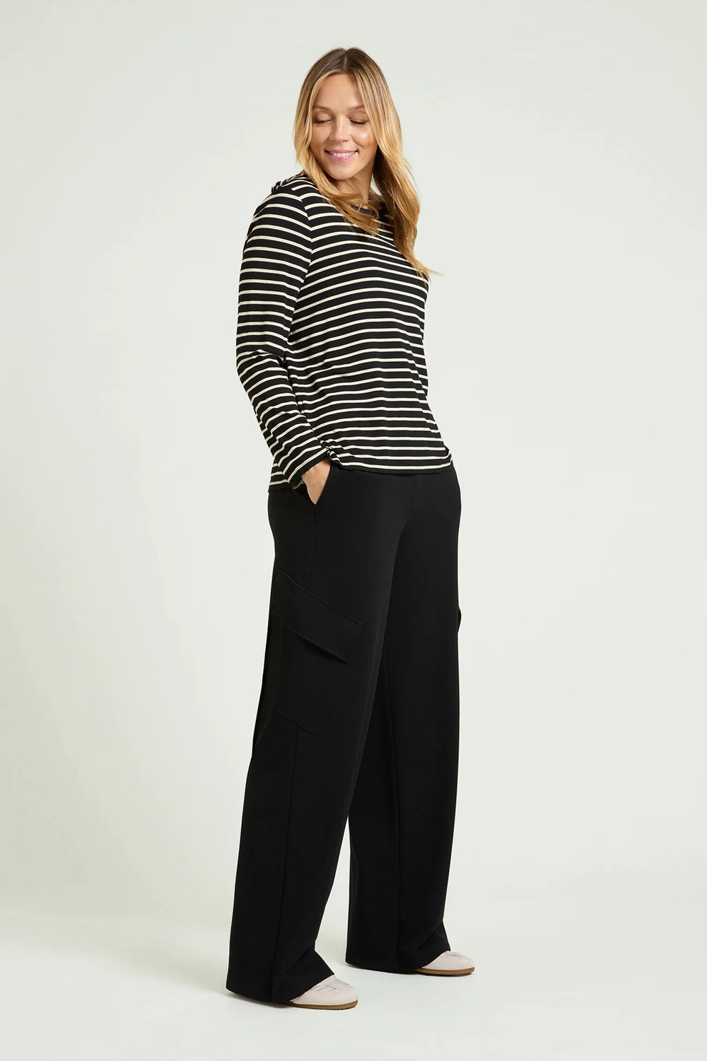 Black and milky striped long sleeve jersey tee with crew neckline