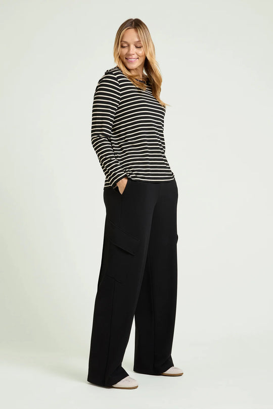 Black and milky striped long sleeve jersey tee with crew neckline