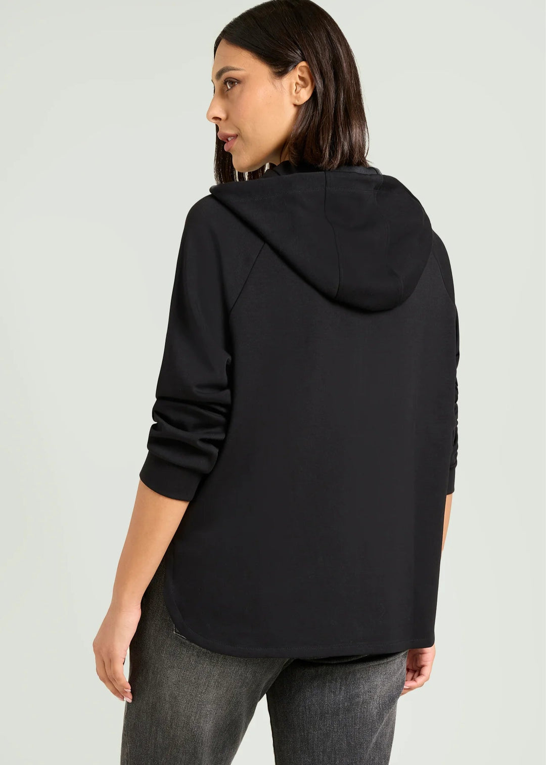 back view of plus size Luisa Viola Scuba Jersey Zip front Hoodie in Midnight