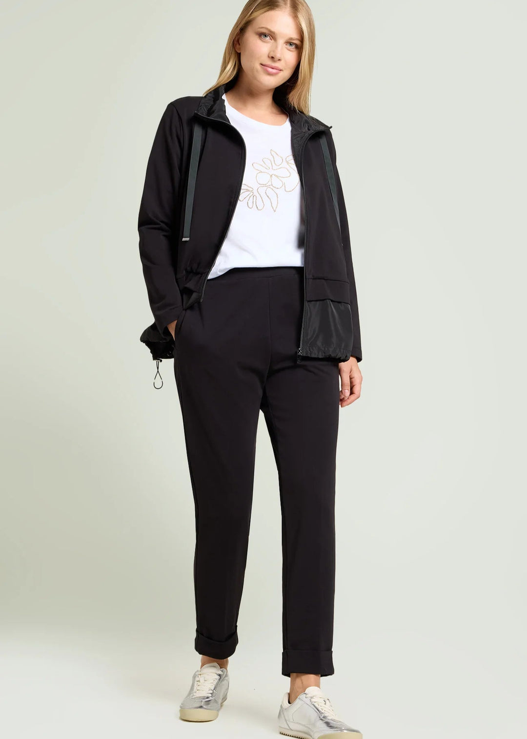 front view of plus size Luisa Viola Slim leg Sweat pant with cuff in Black