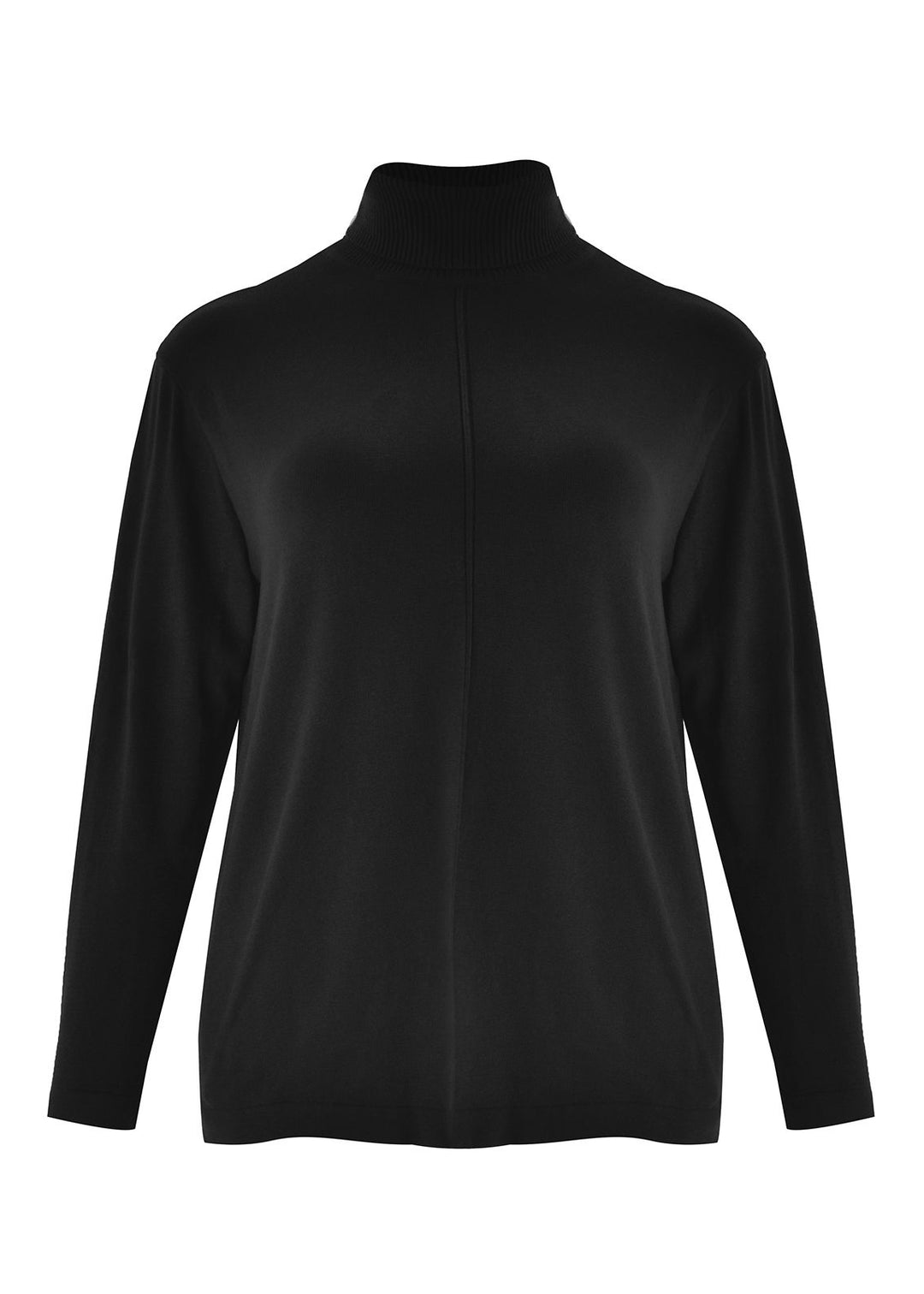 Black pullover turtleneck sweater with ribbed collar and vertical center seam