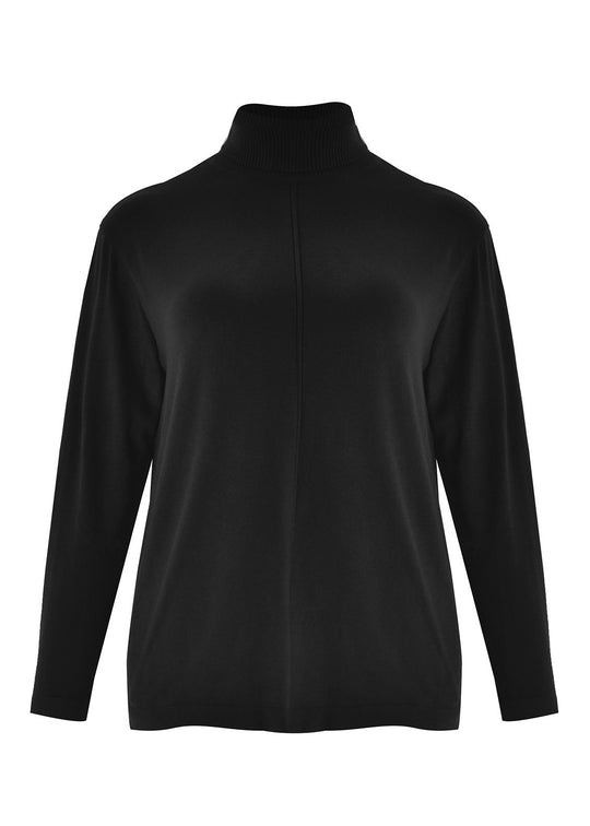 Black pullover turtleneck sweater with ribbed collar and vertical center seam