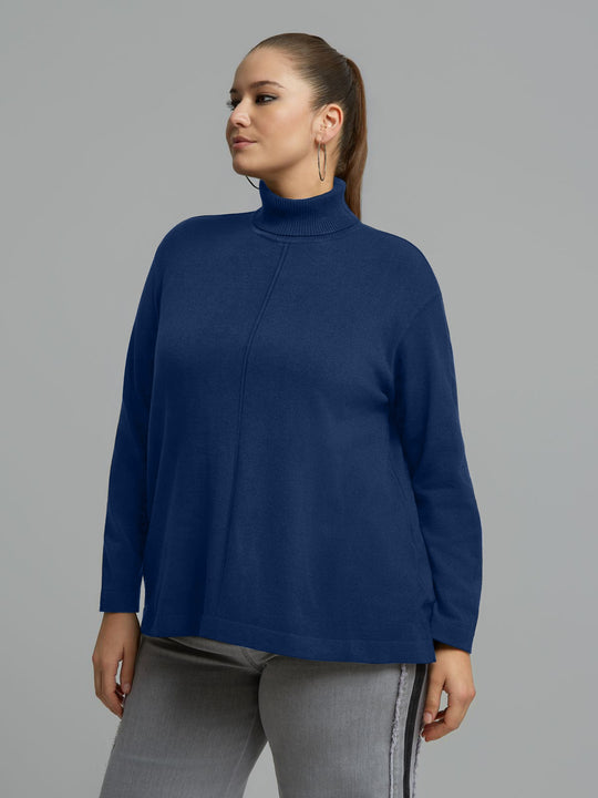 Indigo mat front seam sweater with ribbed turtleneck, long sleeves